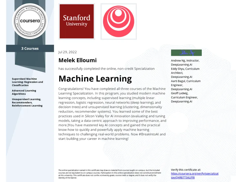 شهادة تخصص «Machine Learning » من DeepLearning.AI